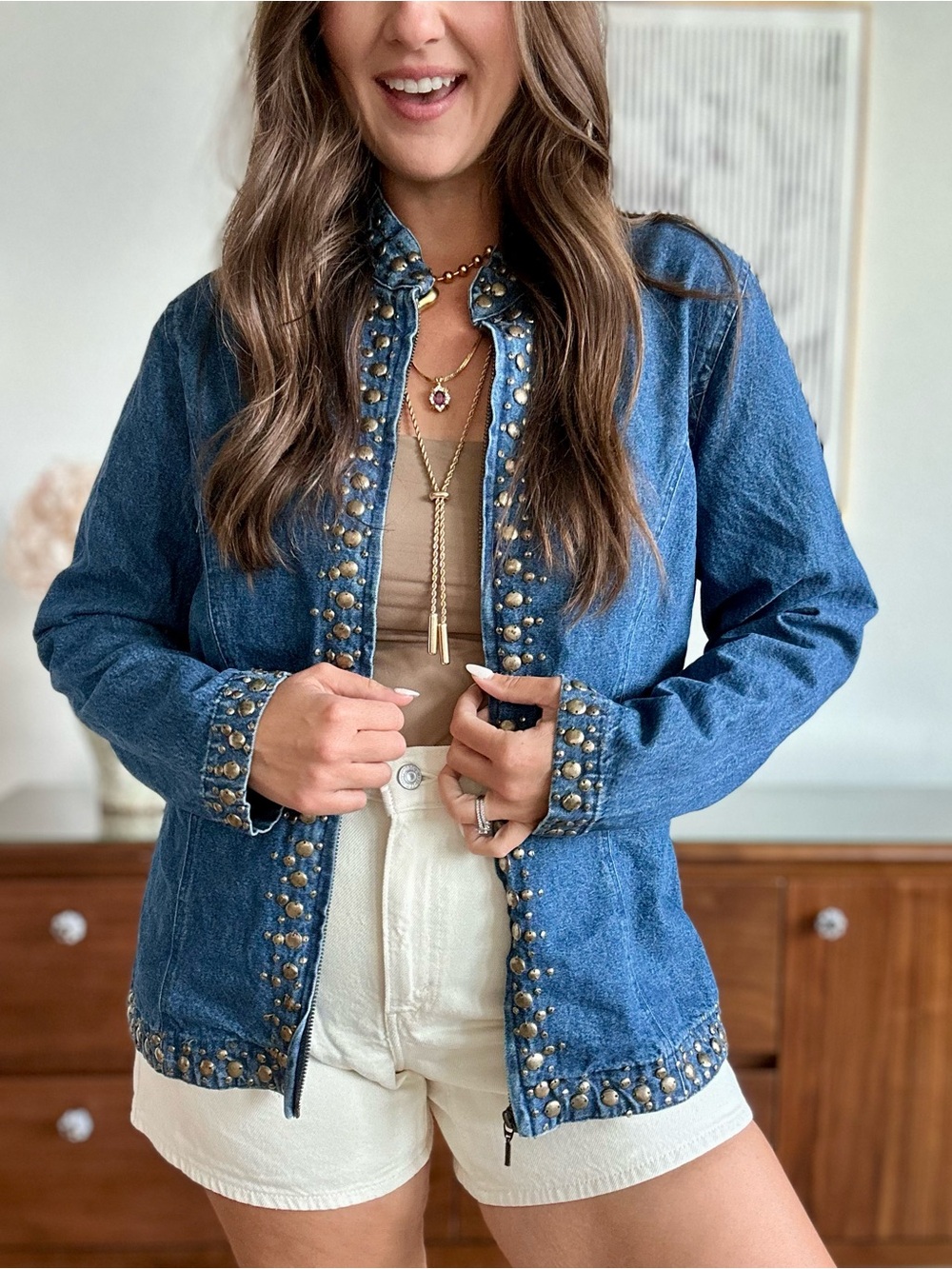 Keren Hart Studded Denim Jacket – Vintage Style Embellished Jean Jacket (Size L)